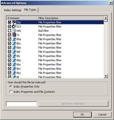 Windows Desktop Serch: Tipi di file