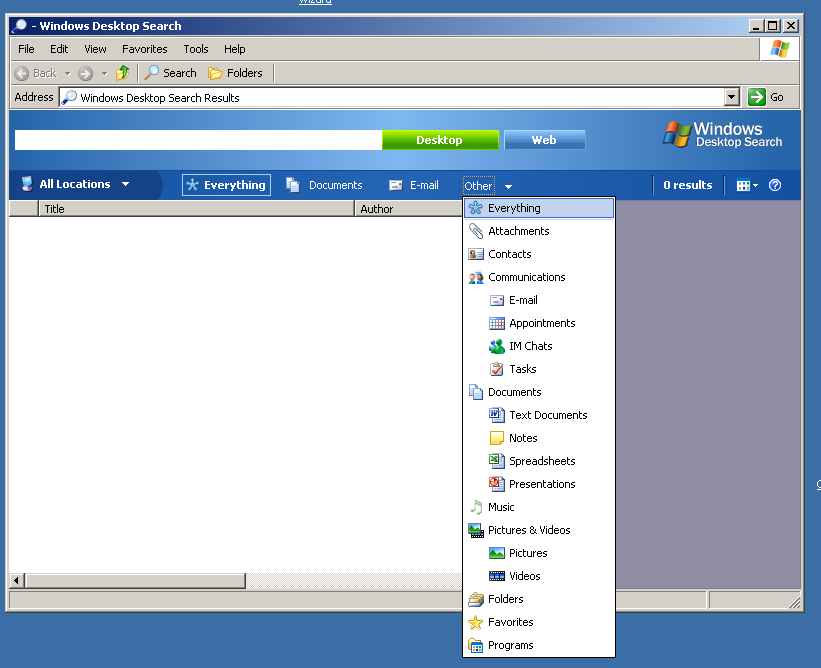 Windows Desktop Serch: Pannello di controllo