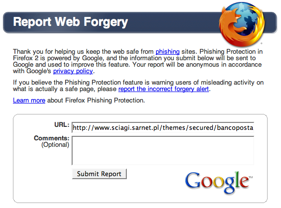 Firefox Report Phishing Comment
