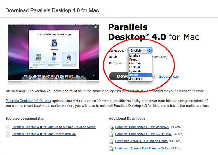 Parallels Desktop scelta lingua